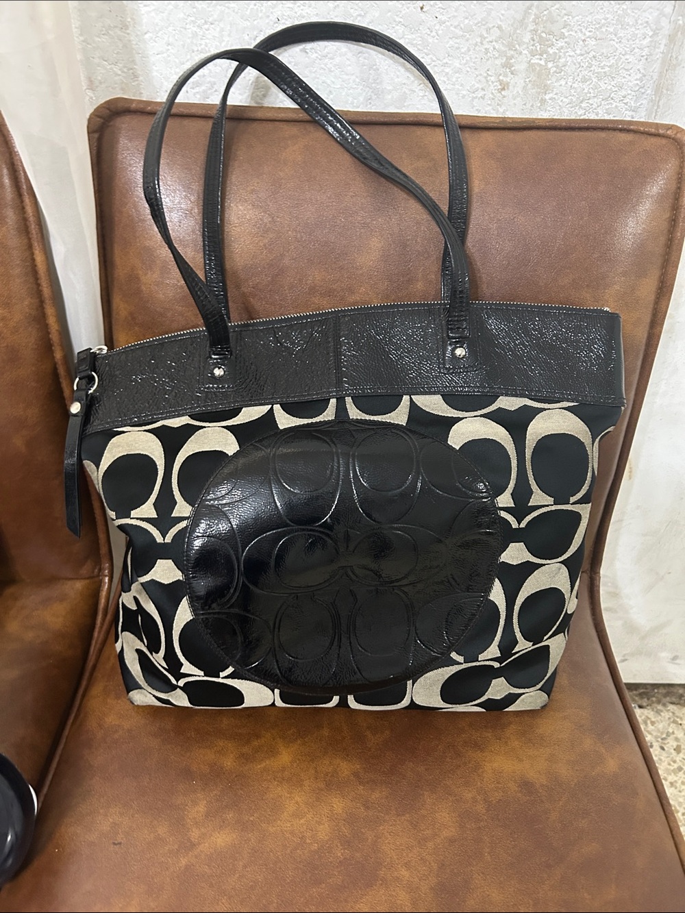 Coach Black and Cream Signature Canvas Tote